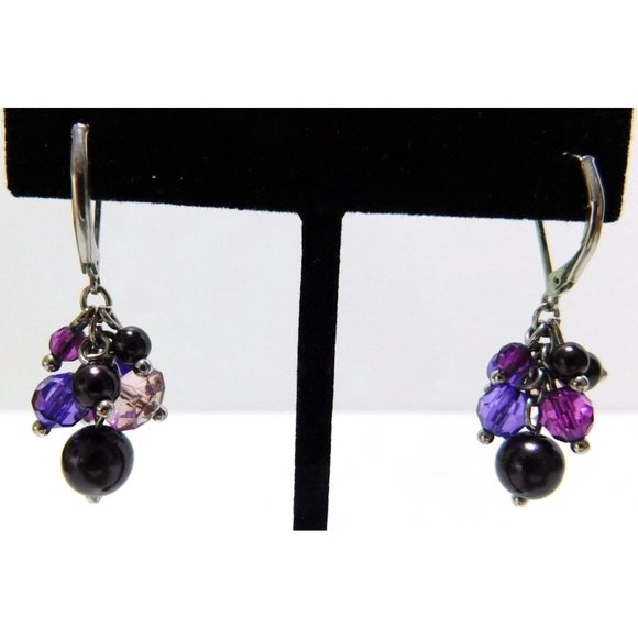 Dangle Cluster Beaded Earrings Purple Black Beads Lever Back Closure - Picture 4 of 6
